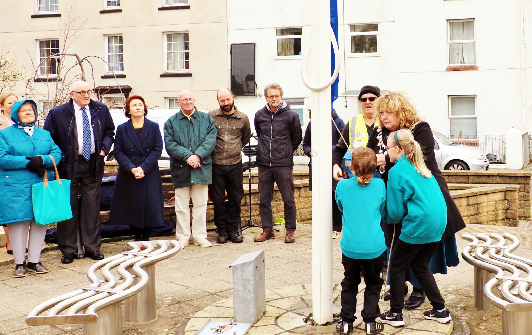 The flag was raised by Mayor Rachel Evans assisted by schoolchildren from all the Torpoint schools. Picture: Andy Campfield