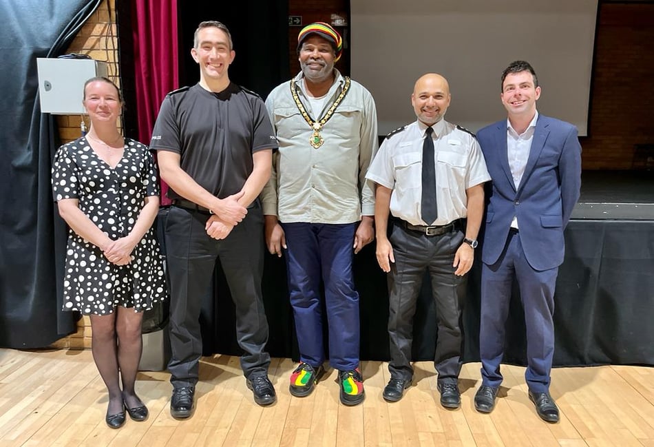 <p>From left: Cllr Catherine Clark, Sgt Noel Griffiths, Cllr Leeroy Scott, Ch Insp Habib Rahman and Cllr Andy Tree</p>