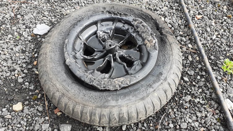 A tyre that was damaged at Crossags farm campsite