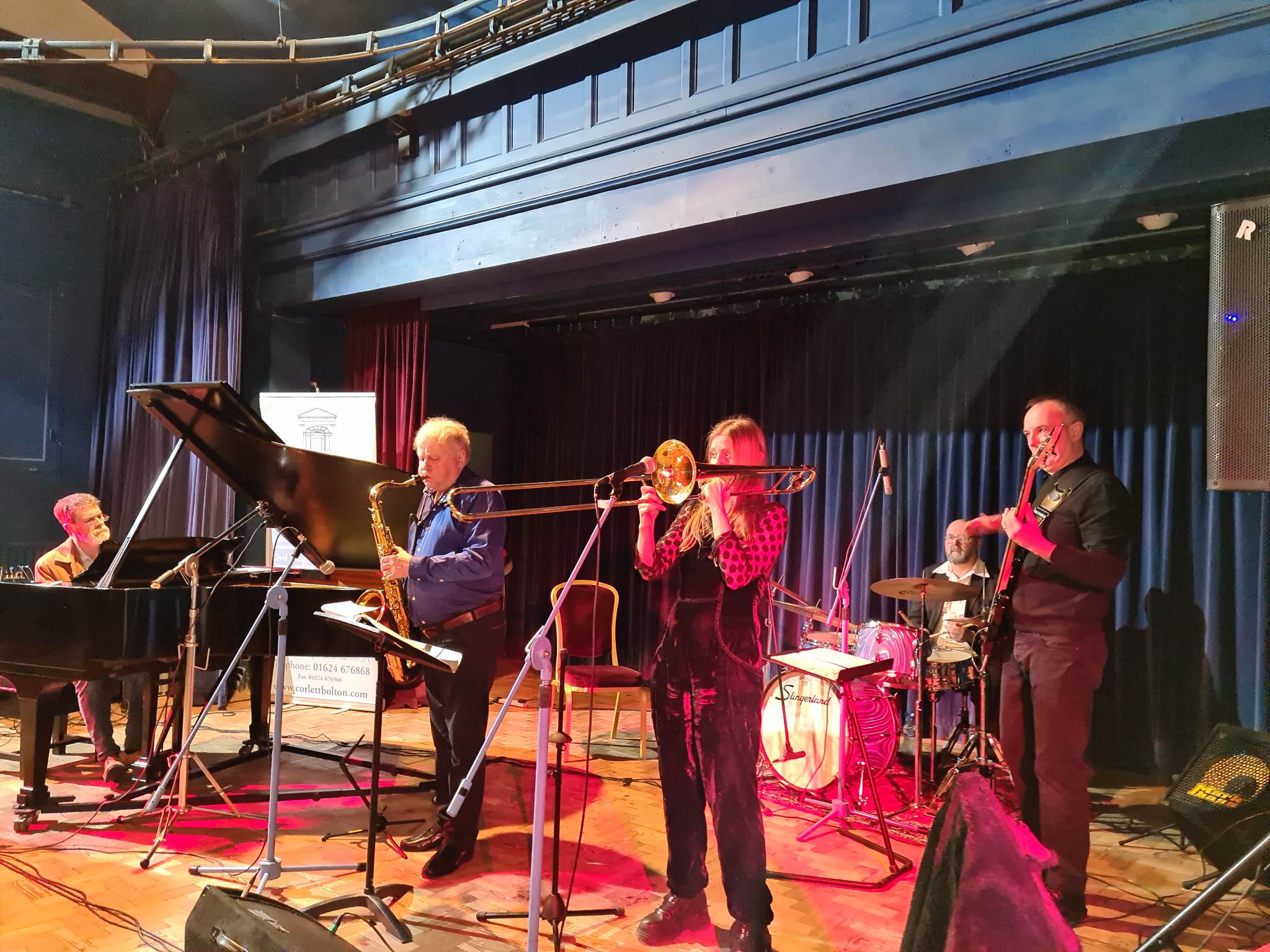 Pictured from left, Dave Newton on piano, Jerry Carter on tenor saxophone, Jackie Morrey-Grace on trombone, Ed Morrey on drums and Martyn Thomas on bass
