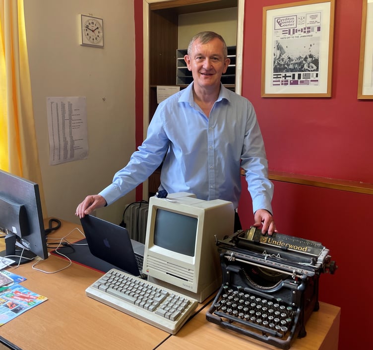 Alan Quick with examples of the machines on which the ‘Crediton Courier’ was typed during his 45 years with the newspaper.