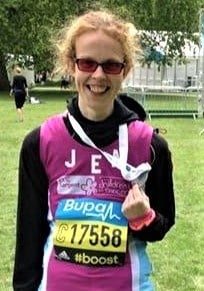 Jen after running the Bupa London 10,000 in 2015, completing the 10km distance in less than two hours. She was raising money for the children's cancer charity CLC Sargent, as she was working in a school with a child who was recovering from a brain tumour.