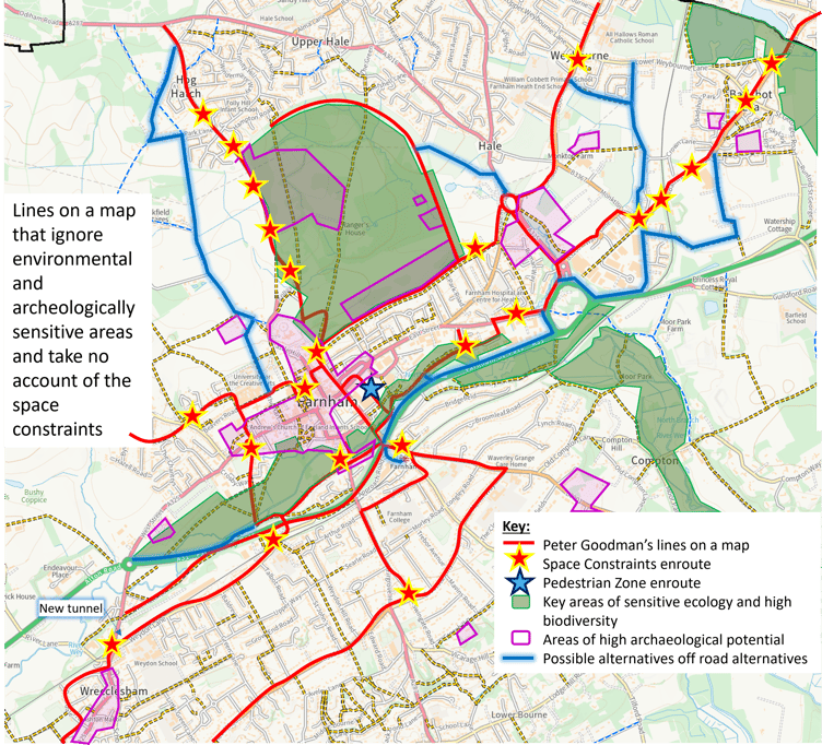 Cllr Powell's annotated copy of the Farnham Cycle Campaign's potential cycle tracks map in Farnham