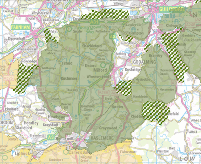 A map showing the proposed expansions to the Surrey Hills AONB