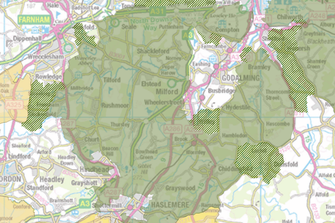A map showing the proposed expansions to the Surrey Hills AONB