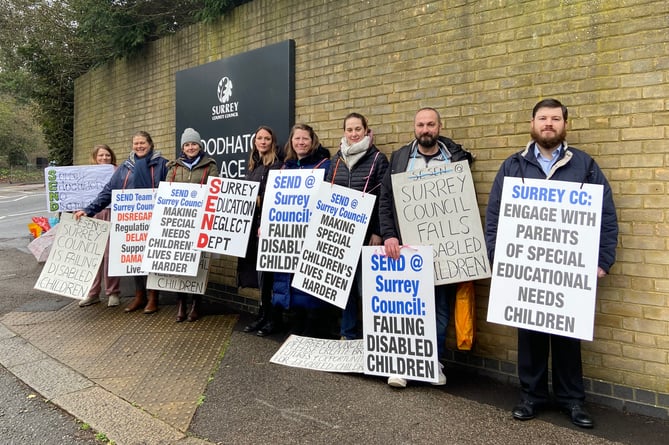 Parents protesting outside Surrey County Council headquarters in Woodhatch Place, Reigate. Parents are calling for better provision for children with special education needs and disabilities