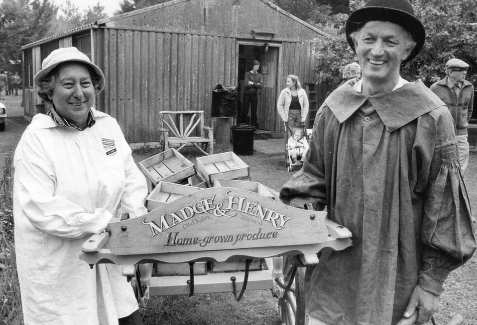<p>Rural Life Living Museum founders Henry and Madge Jackson on opening day, April 8, 1973</p>