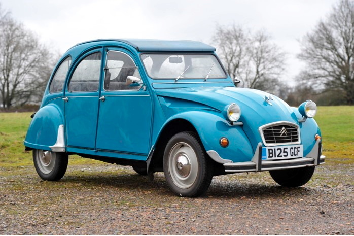A 1985 blue 602cc Citroën 2 CV 6 convertible.
