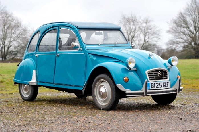 A 1985 blue 602cc Citroën 2 CV 6 convertible.