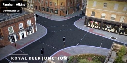 A visualisation of the proposed Royal Deer junction in Farnham, with widened pavements and clearer crossing points - but no barriers