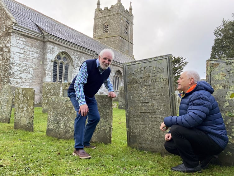 Christopher Marley with Barry West at the grave of the original inspiration for Jacob Marley in Port Isaac