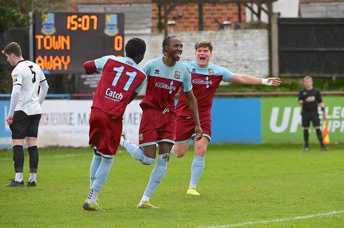 Shamal Edwards celebrates scoring Farnham Town’s opener
