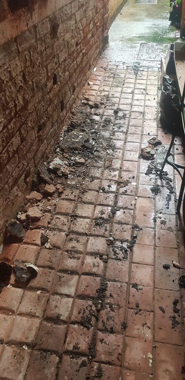 Some of the debris which has fallen overnight from a building over a private alleyway beside shops in Cornhill, Wellington.