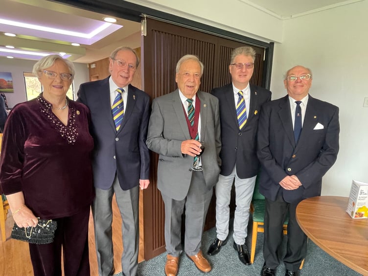 From left, Beryl Fitzwalter, Eric Parkes, Peter Bryan (zone chairman), Past District Governor Alan Good and Tony Fitzwalter. AQ 4670