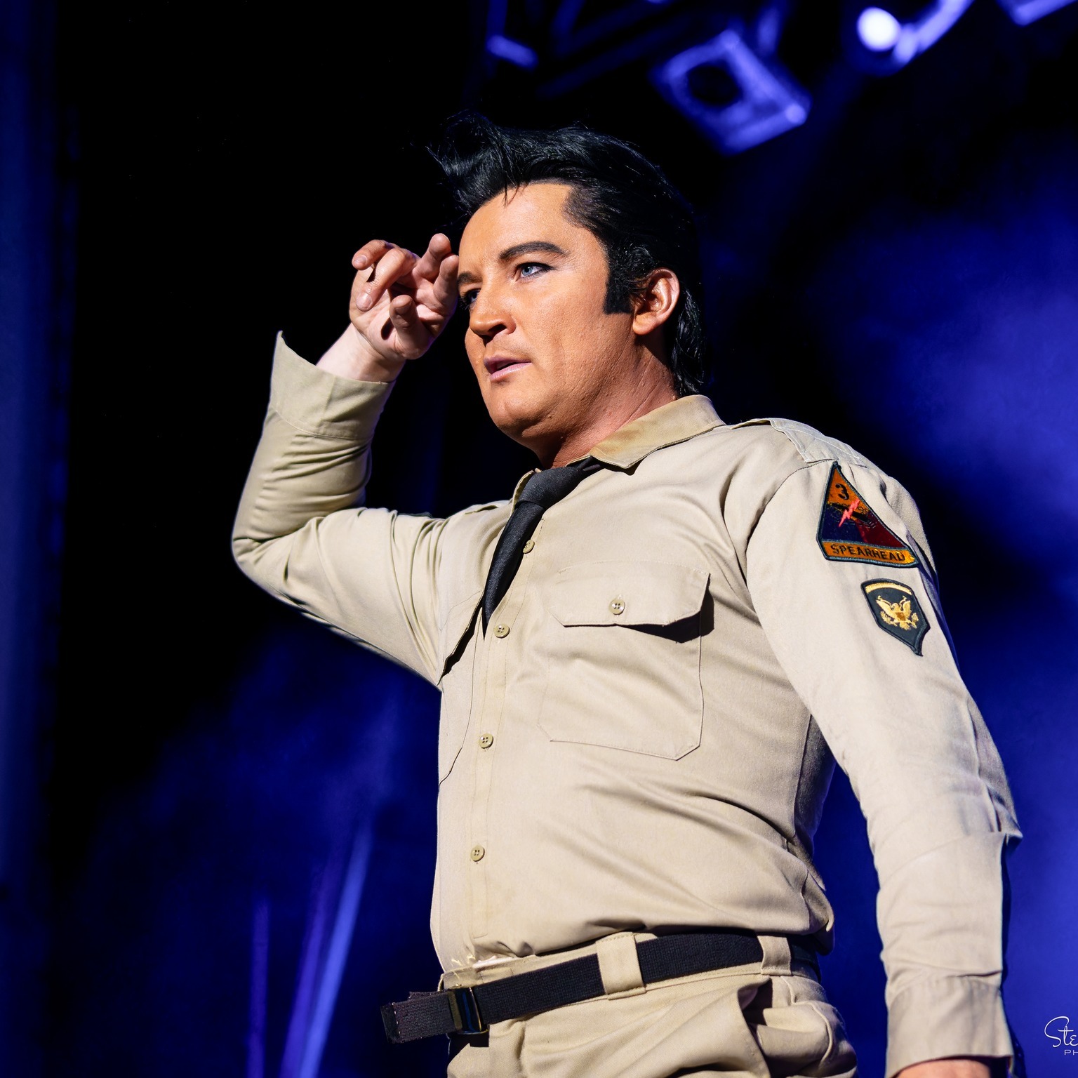 Ben Portsmouth showcasing Elvis' army service and hollywood acting years in a G.I. Blues outfit at the Villa Marina