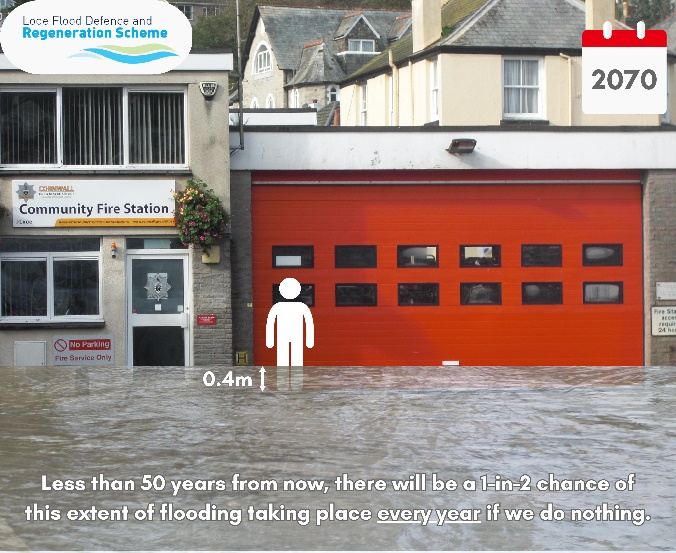 An example of the water line in Looe 50 years from now 