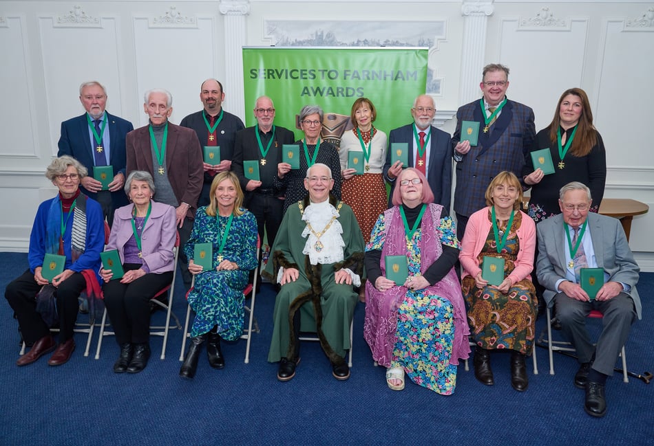<p>The 2023 Services to Farnham Award recipients at the ceremony at Farnham town hall</p>