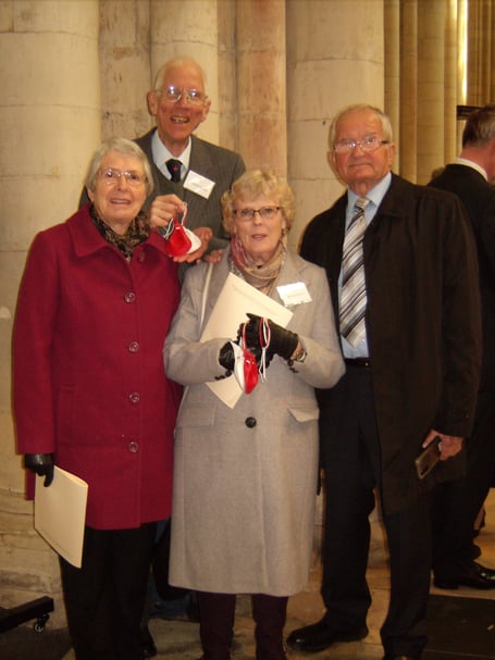 Four Marks churchgoers Jane Eckles and Robert Parker with  their spouses, Rod and Jane respectively, at York Minster after receiving their Maundy Money from King Charles III