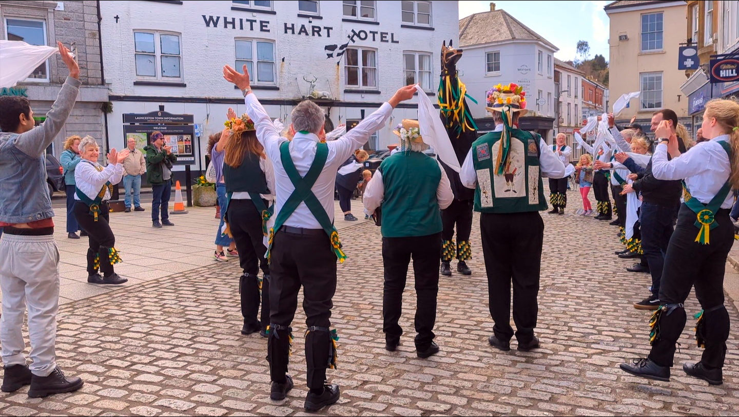 trigg Morris Dancers performing in Launceston town centre on Easter Monday