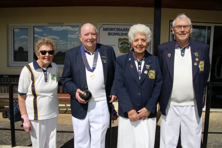 Morchard Bishop Bowling Club founding members, from left, Annie Robinson, Keith Partridge and Gillian Gunn, with, right, Captain Brian Poole. AQ 0227