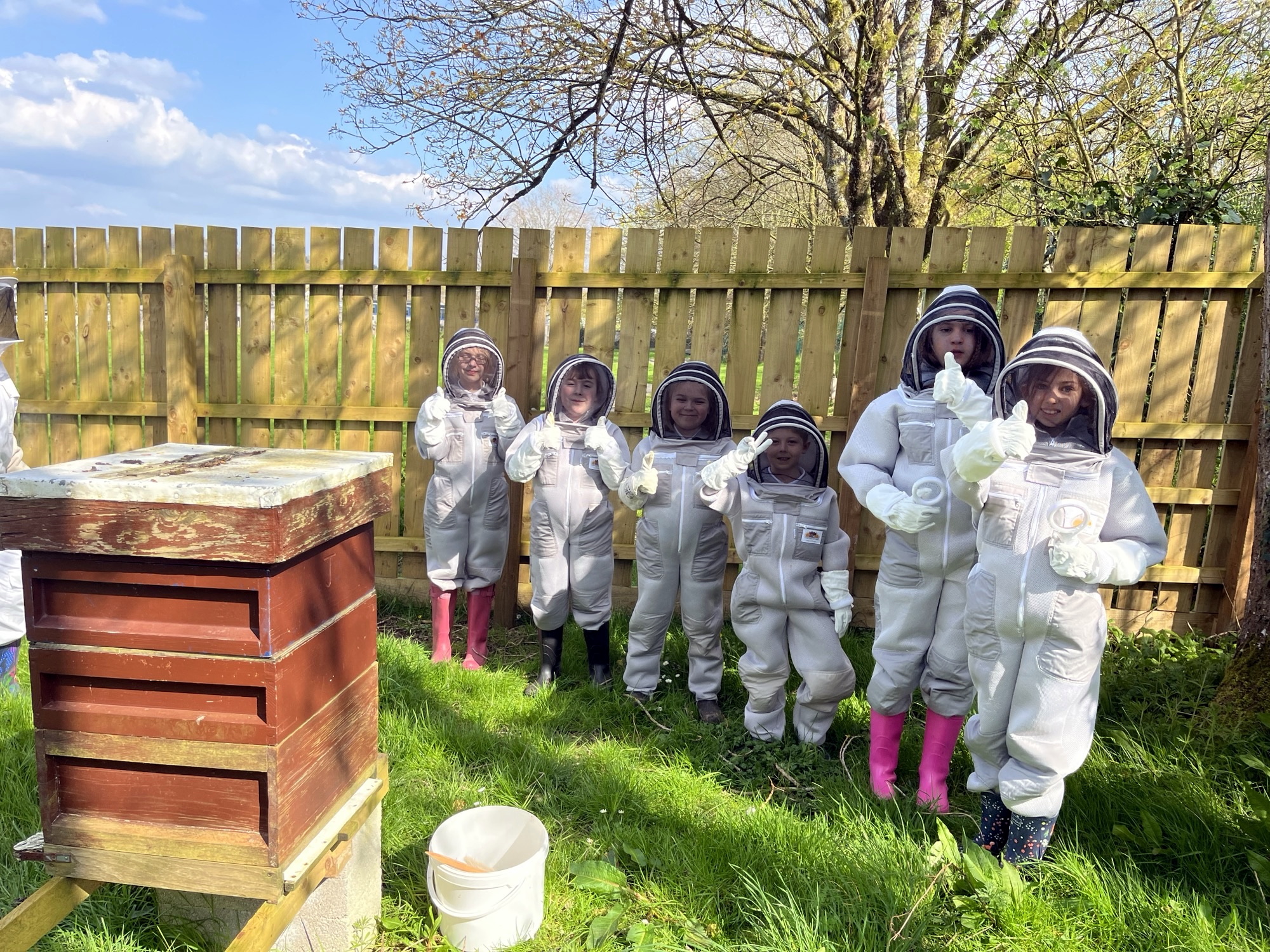Pictured: Children got suited and booted to work with the beehives