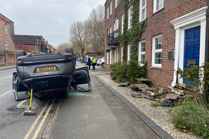 The front of Maritime House on The Hart was badly damaged in the collision involving three vehicles on Thursday, April 27