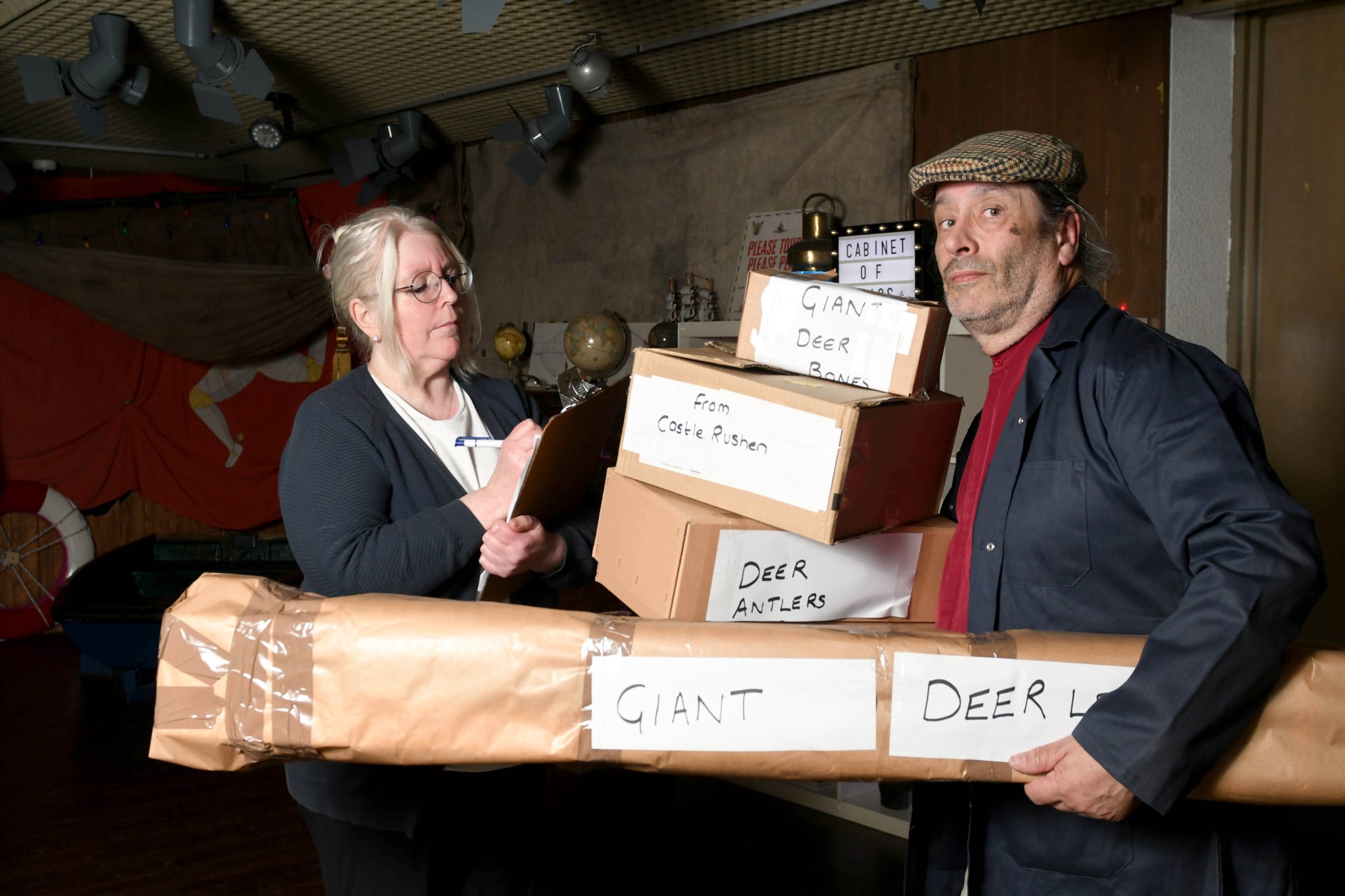 Labyrinth: the Treasure House, an interactive performance celebrating the 100th anniversary of the Manx Museum - items including the giant deer are gathered for the museum