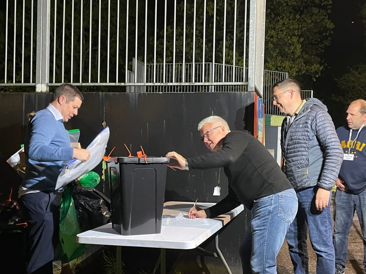 Ballot boxes arriving at the Mid Devon count hall in Crediton after 10.15pm on Thursday evening. AQ 7373