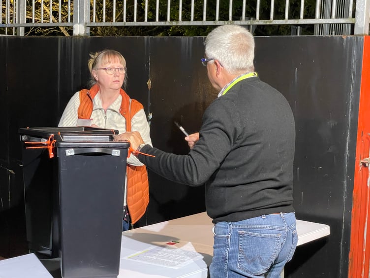 Ballot boxes arriving at the Mid Devon count hall in Crediton after 10.15pm on Thursday evening. AQ 7386
