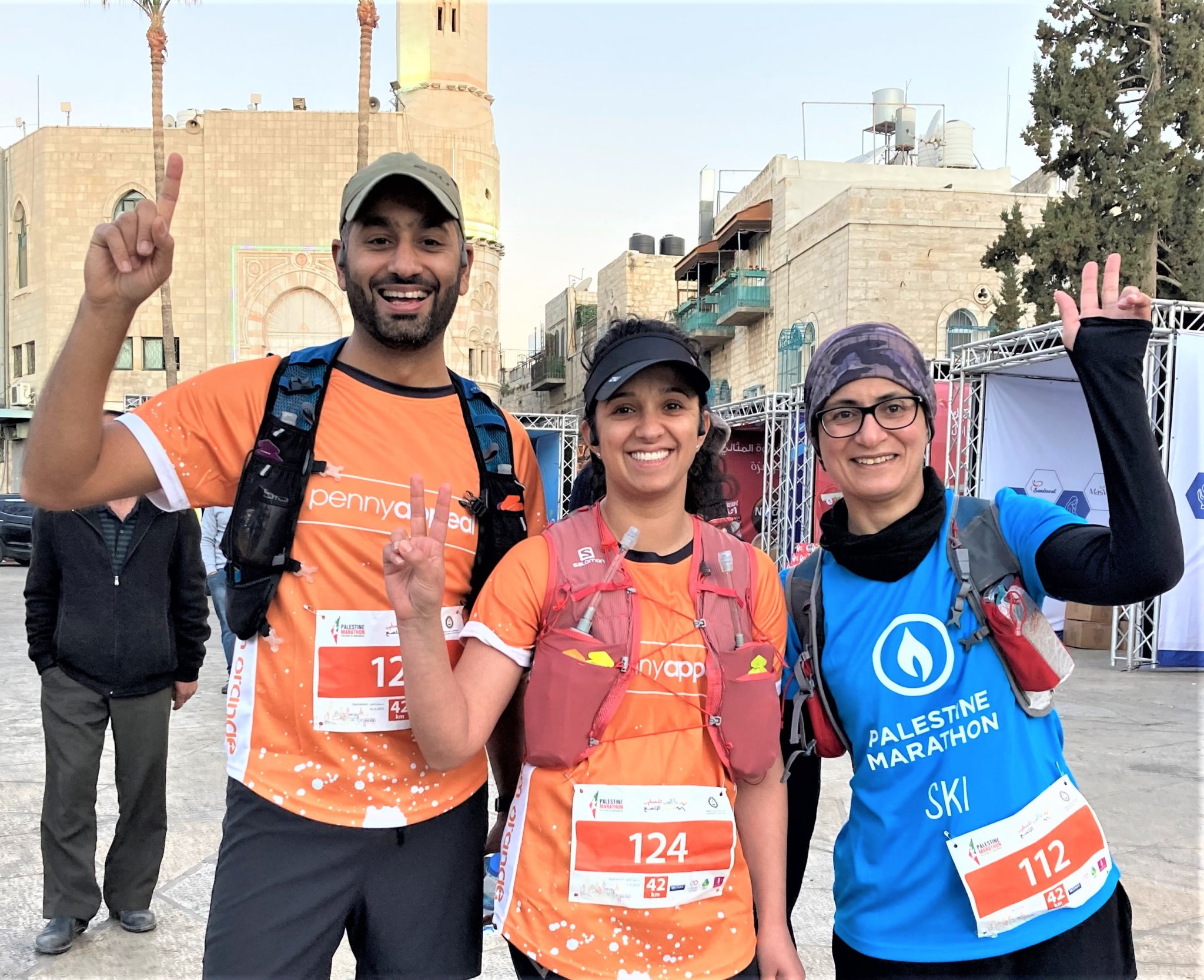 GETTING SET – Daud and Anjum Afzal and Skina Nazir in Bethlehem just before the start of the marathon.