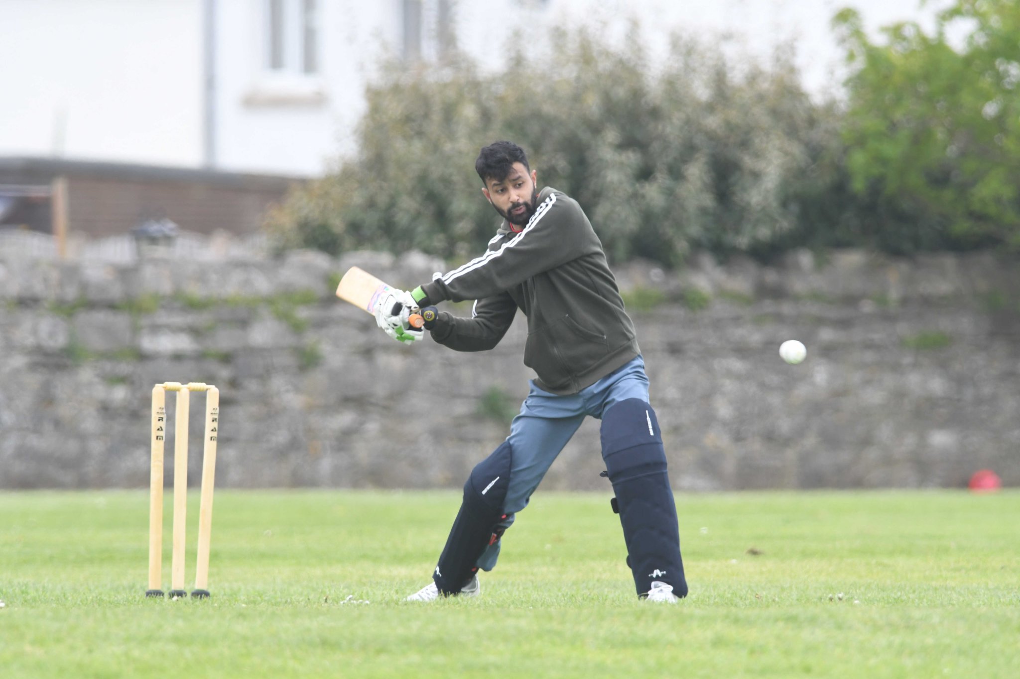Valkyres’ Zain Naeem takes aim with the bat during his side’s Weekend Division Two clash with Castletown at King William’s College on Saturday. Town beat Valkyres in a close game but, because the club had conceded their first team game as a result of a problem with their pitch, the second team match was also a non-result and Valkyres were awarded the win (DK230506 (44))