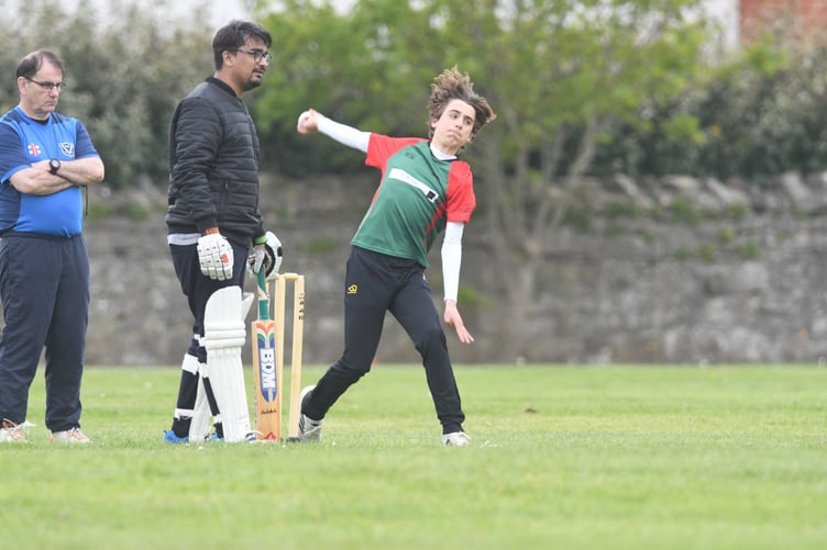 Castletown bowler Samson Curtis swings in a delivery against Valkyres (DK230506 (36))