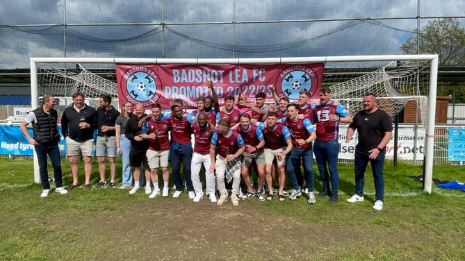 Badshot Lea players and staff celebrate the club’s promotion