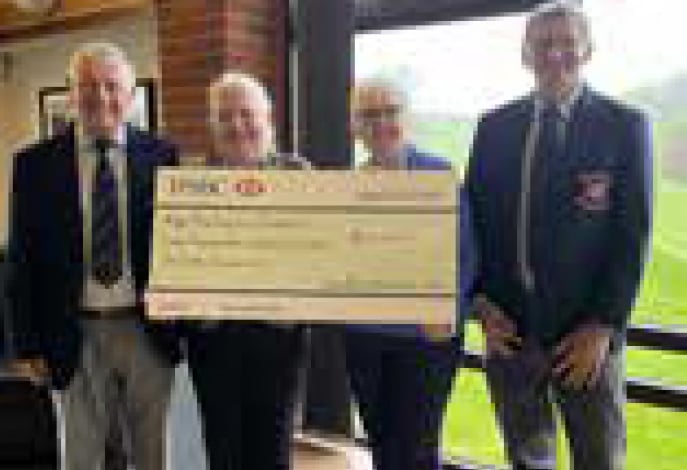 Petersfield Golf Club presentation to The Rosemary Foundation, May 2023. Senior club captain Richard Hine, Wendy Smith, lady captain Jane Terry and club captain Chris Castle.