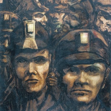 Miners’ Heads by Ted Holloway in 1958, created using boot polish and wax on board