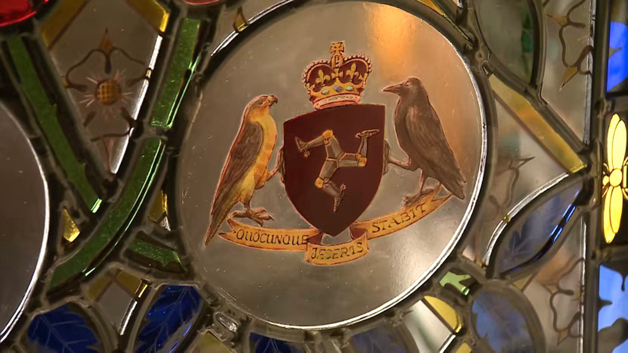 The Manx heraldic shield on a window in the Speaker's house in Westminster