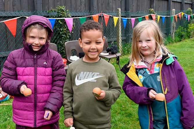 Winners of the first heat of the egg and spoon race: 1, Myla Dun; 2, Riley Bell; 3, Willow Rose Brown