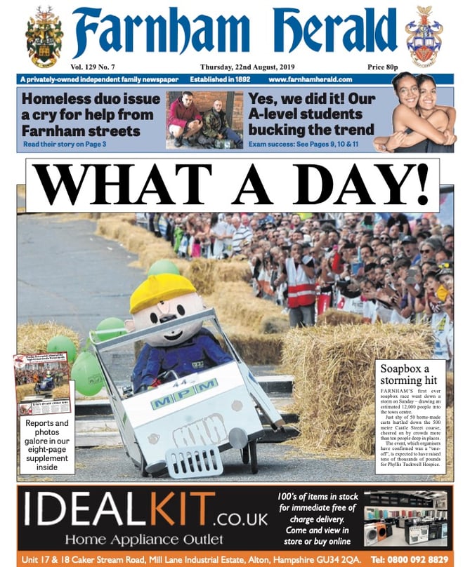 The Herald front page in the week after Farnham's first ever soapbox race in August 2019