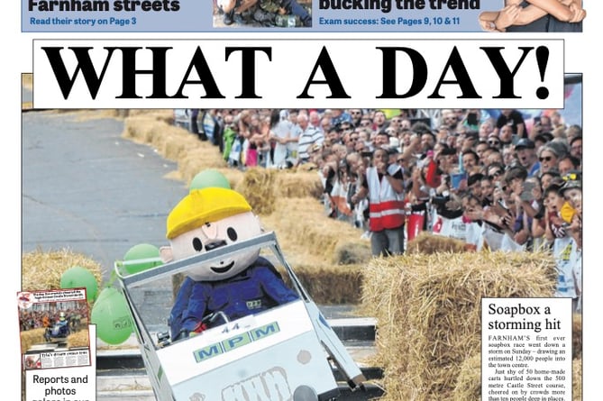 The Herald front page in the week after Farnham's first ever soapbox race in August 2019