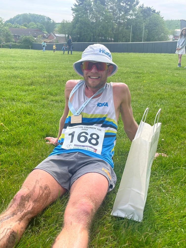 Michal Lesniak of South Molton Strugglers recovering after arriving home first. AQ 8776
