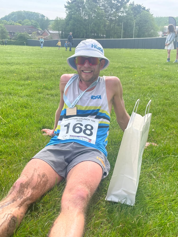 Michal Lesniak of South Molton Strugglers recovering after arriving home first. AQ 8777
