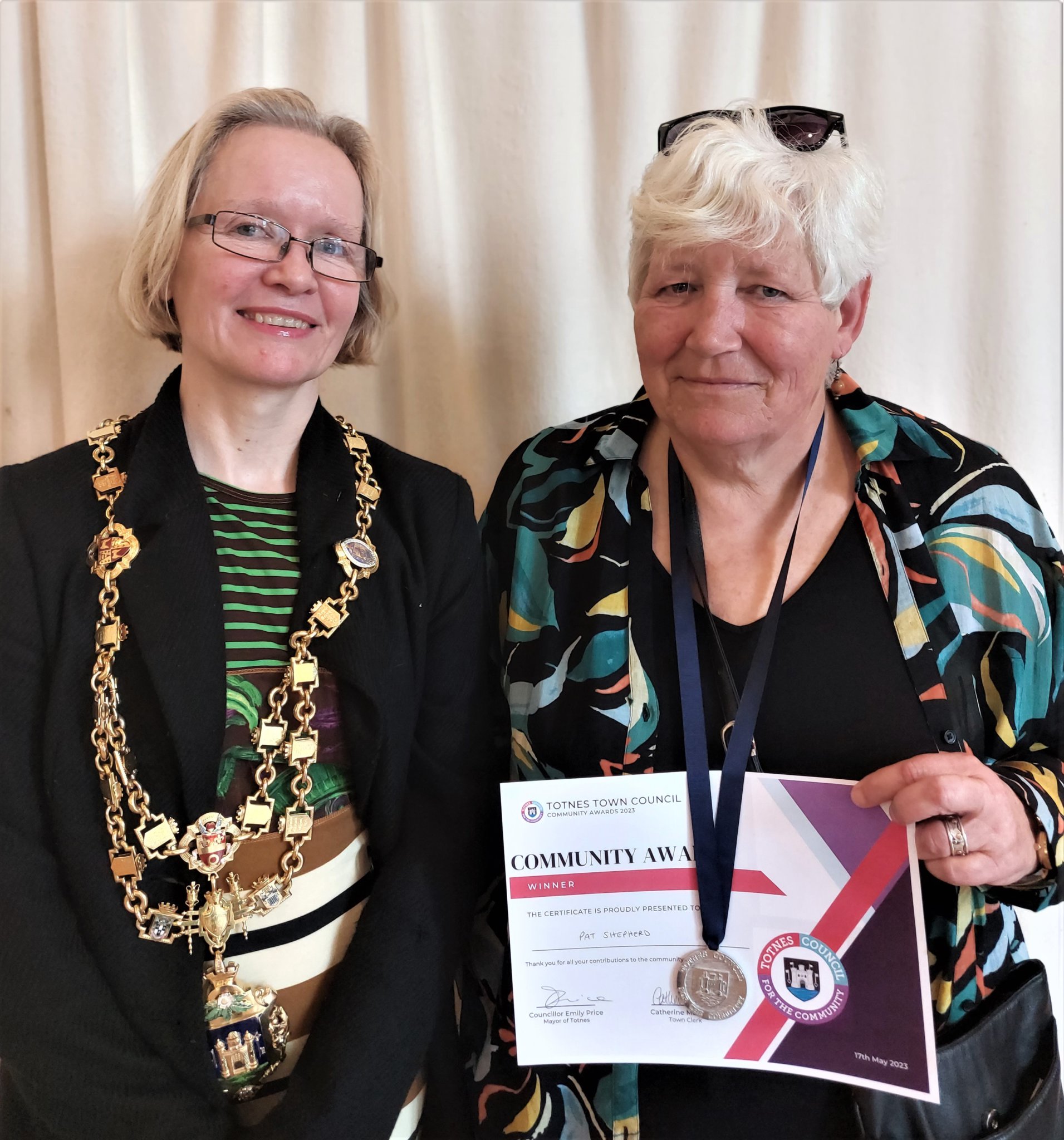 Totnes community awards
Left to right Pat Shepherd, Trustee of The Mansion Charity with Cllr Emily Price