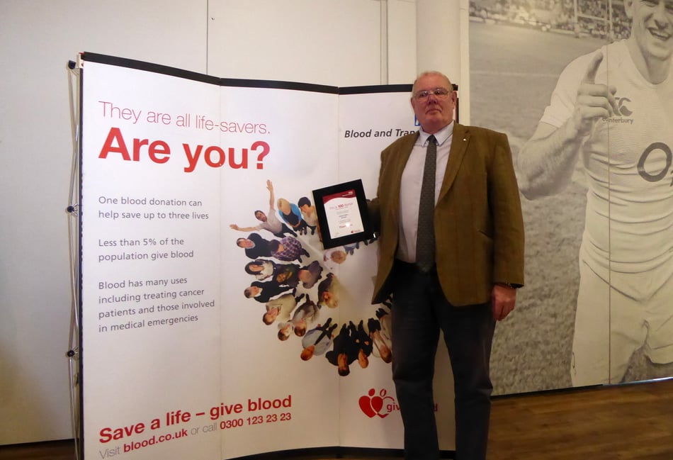 <p>'100 donor' Simon Farrant received his medal and certificate at The Stoop in Twickenham</p>