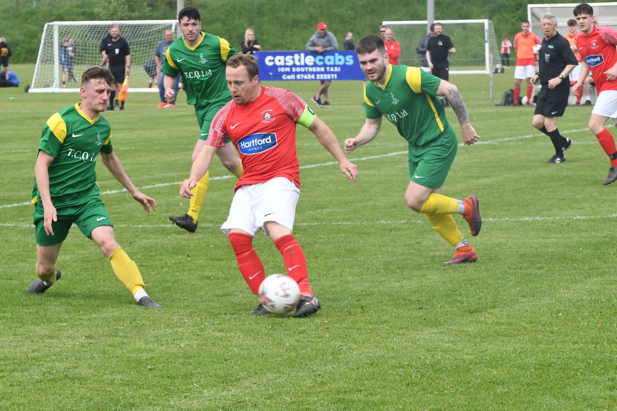 Castletown captain Alex Crawley looks for a way past St Mary’s player Joe Canipa during the two sides’ Paul Henry Gold Cup semi-final oon Saturday. The latter helped his side triumph 4-1 (DK230520 (91))