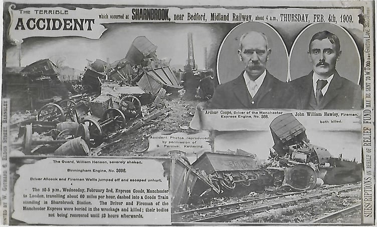A postcard showing the 1909 rail crash at Sharnbrook, near Bedford, which killed the driver and fireman of the Manchester Express.