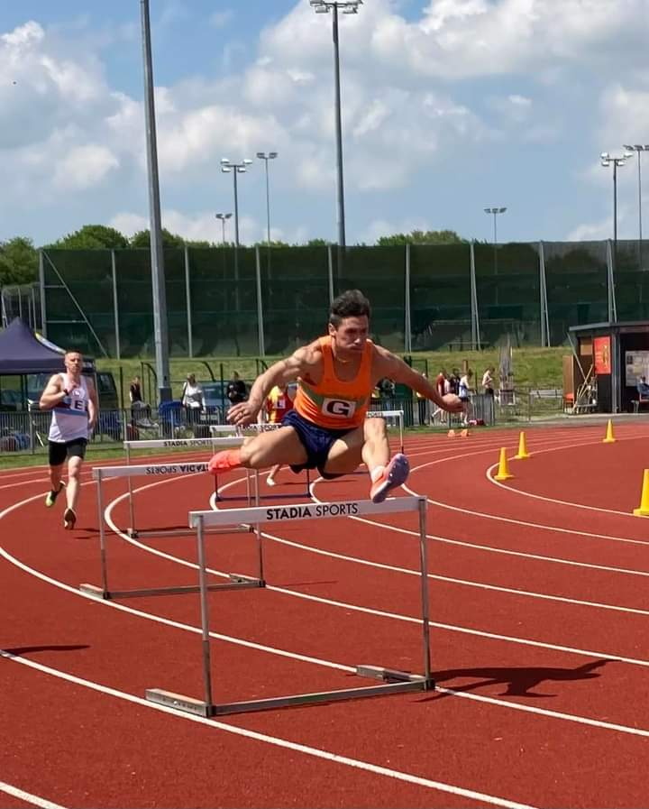 Kaspars Kazemaks flying over the 400m hurdles, George Hopkins lifting off in the long jump.and Martha Collings leading the women’s 1500 metres. Pictures: Woking AC