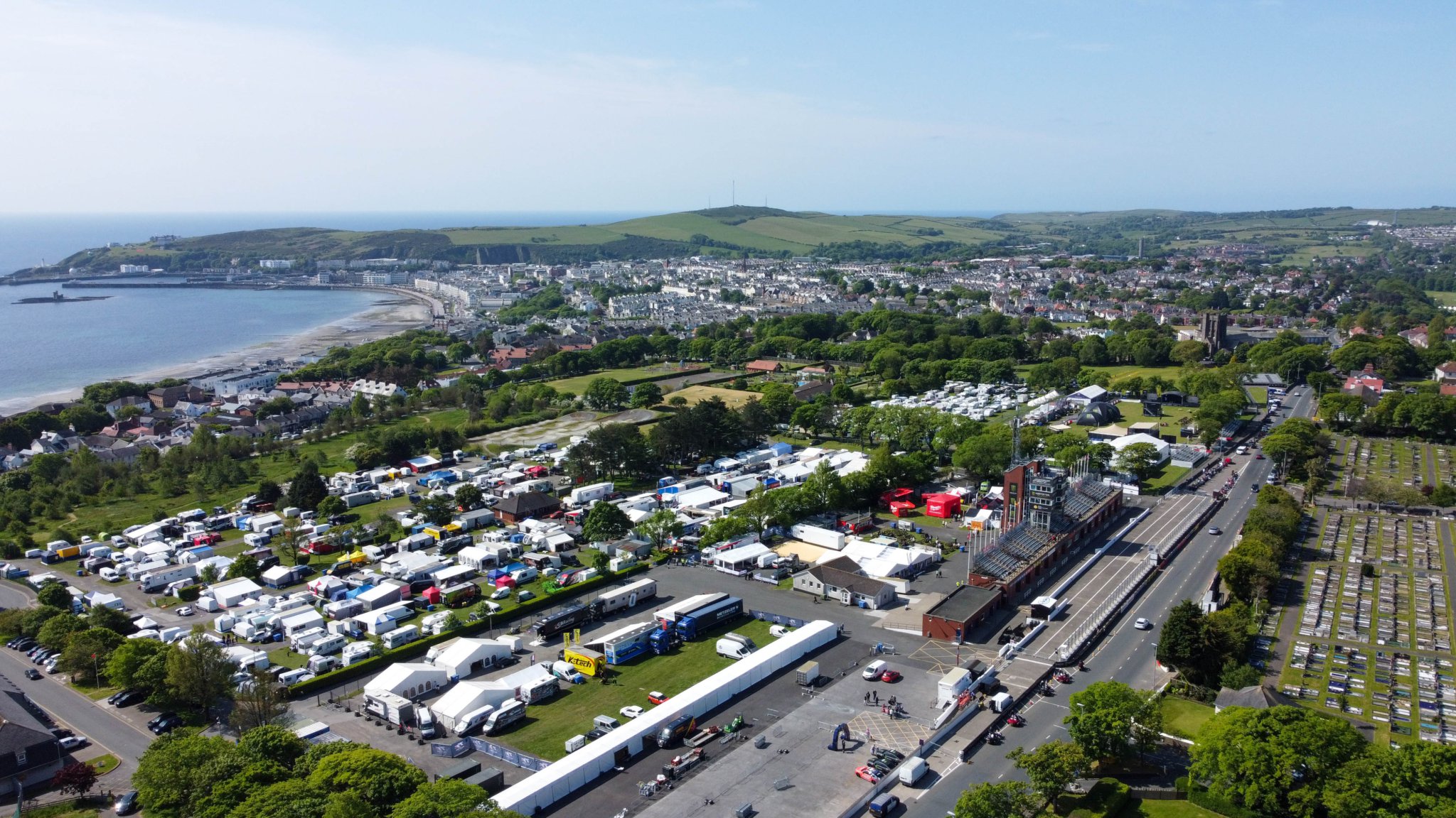 Isle of Man TT Grandstand. Photo by Callum Staley (Aerial Mann Multimedia)