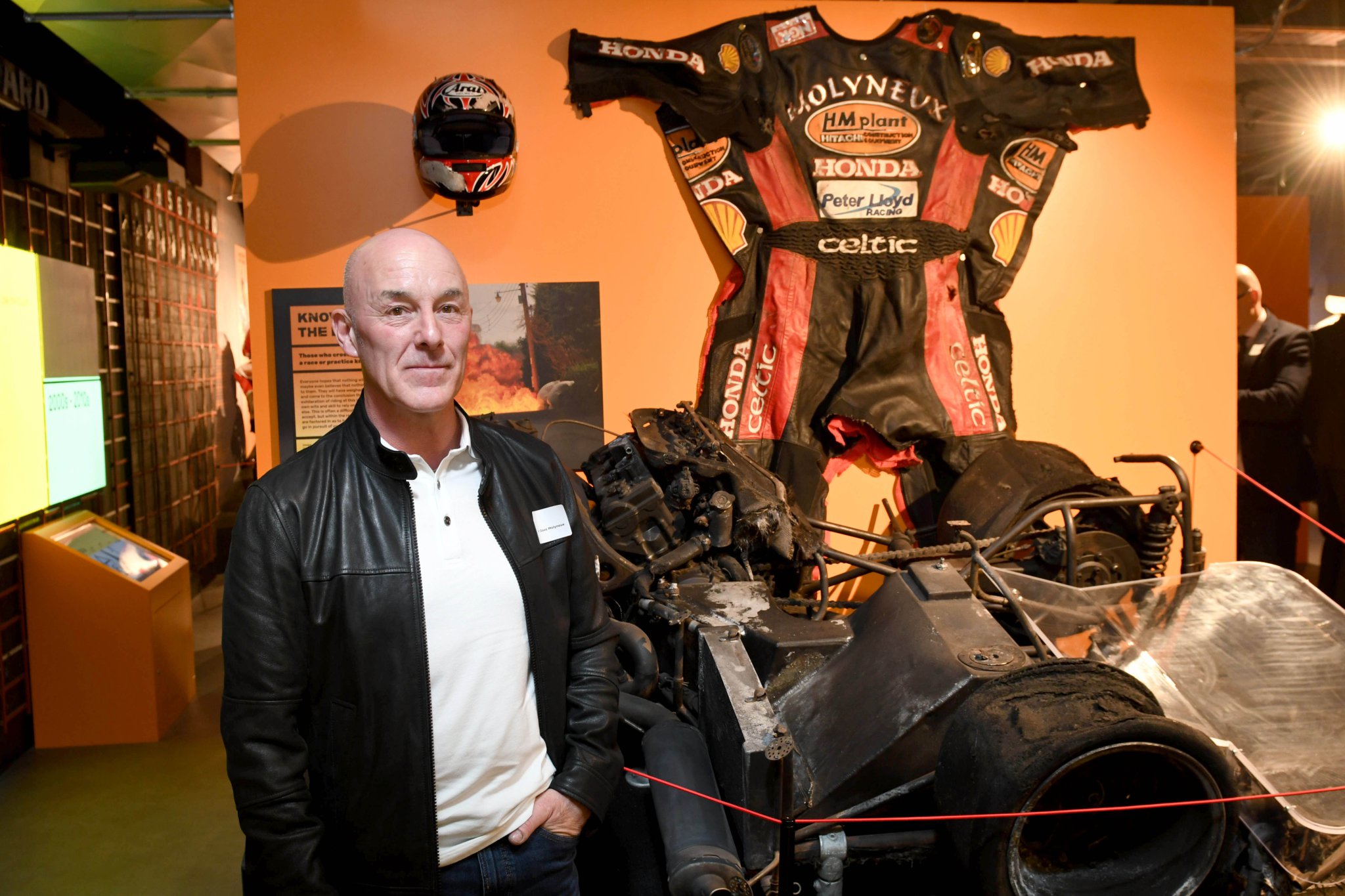 The official opening of the permanent TT Gallery at the Manx Museum - Dave Molyneux with his burned-out 2006 sidecar
