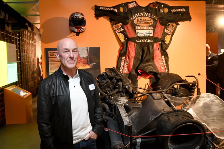 The official opening of the permanent TT Gallery at the Manx Museum - Dave Molyneux with his burned-out 2006 sidecar