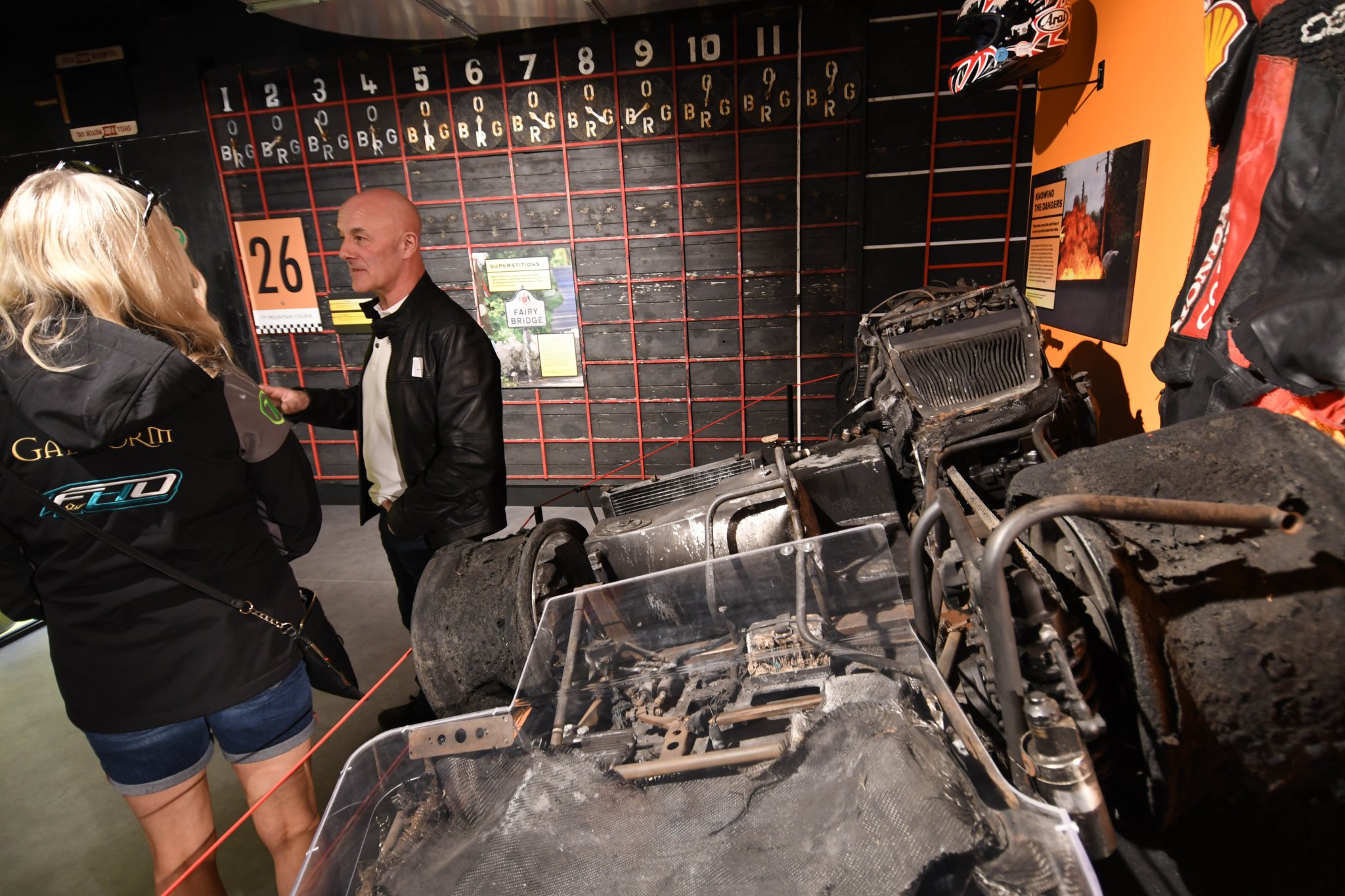 The official opening of the permanent TT Gallery at the Manx Museum - Dave Molyneux with his burned-out 2006 sidecar